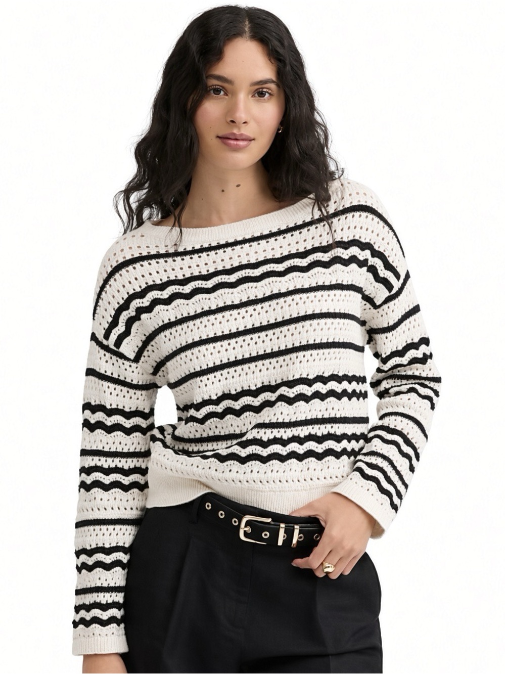 LOFT Petites Stitchy Boatneck Sweater MP Cream Black Open Knit Cotton